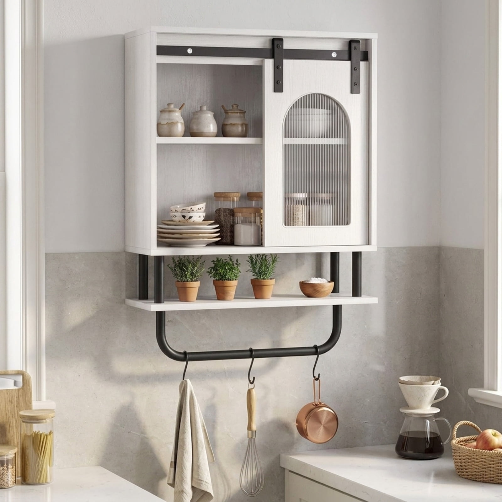 Vebreda Bathroom Wall Cabinet with Sliding Barn Door and Metal Hanging Bar with 3 Hooks, Stylish Farmhouse/Industrial Charm, Secure Wall Mounting