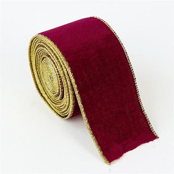 Cinta de terciopelo arrugado color caqui y dorado de 6,35 cm con alambre | 1,9 m para envolver regalos y decorar el árbol de Navidad | Suministros para coronas de manualidades