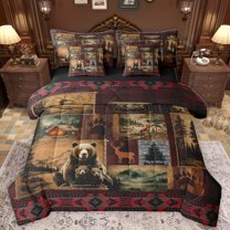 Homewish Wildlife Bear Deer 7pcs Bedding Comforter Set,Retro Aztec Pattern Queen Bedding Sets,Rustic Farmhouse Cabin Queen Sheet Sets For Kids,Ultra Soft Home Decor Reversible