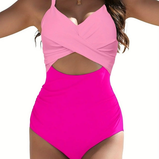 LOVEVER Women‘s One-Piece Swimsuit - Tummy Control High-Waisted Bathing suit Full Coverage Swimwear with Deep V-Neck & Twisted Front Non-Slip Grip - Stretchy Swim Suit for Beach Pool