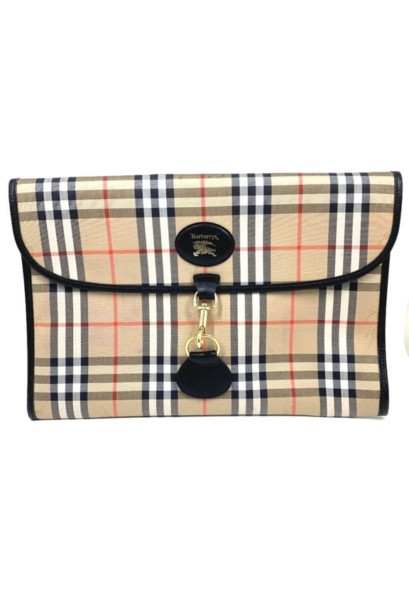 Pre-Owned BURBERRY Logo Check Pouch Clutch Bag in Canvas/Leather, Unisex, Beige (Good)