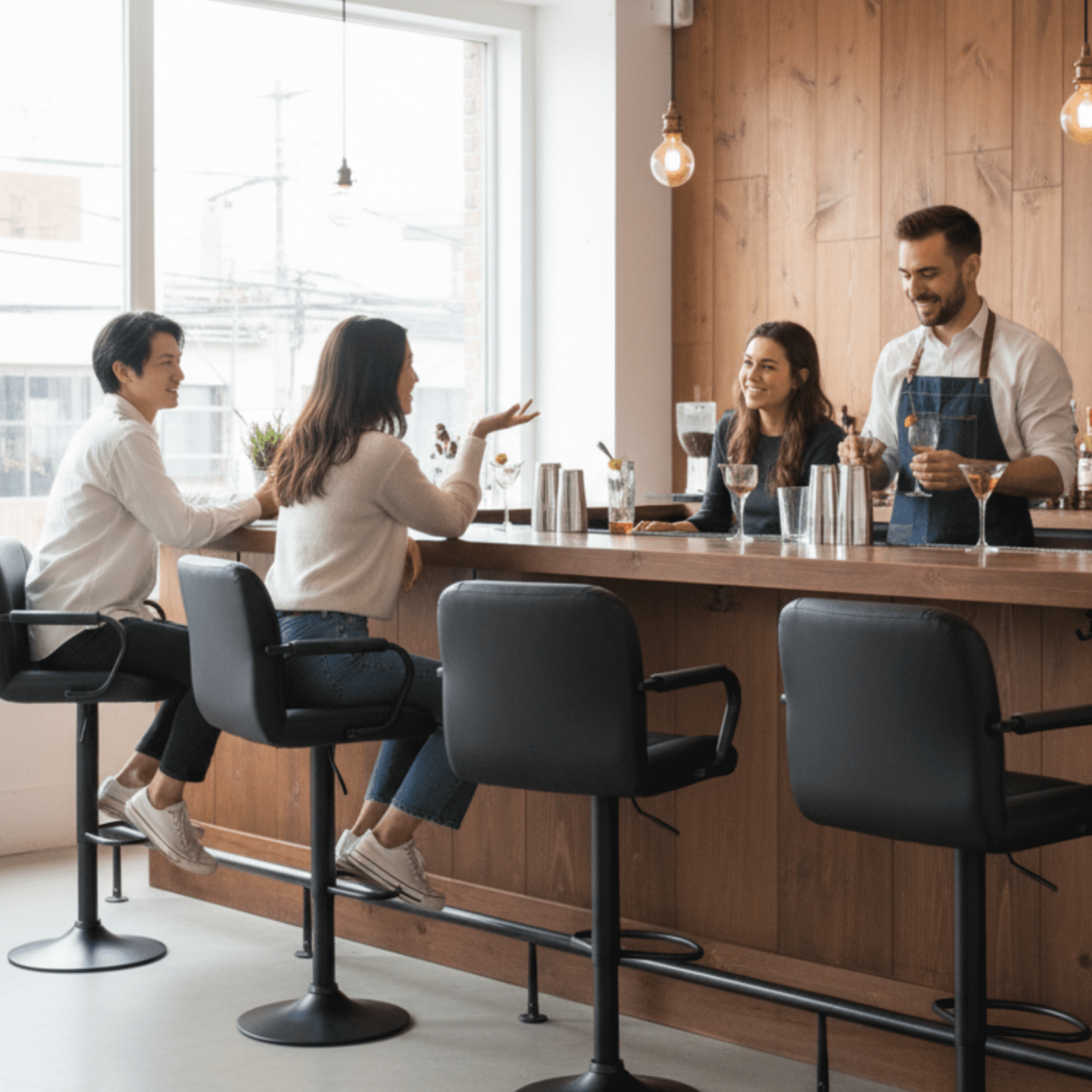 AFO Modern PU Leather Bar Stool with Backrest and Armrests, Height Adjustable 360° Swivel Counter Chair, Black
