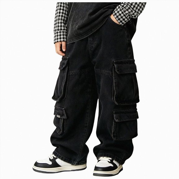 Kakishop Boys Baggy Cargo Jeans, Elastic Waist Wide Leg Y2k Hip Hop Denim Pants Kids Loose Fit Trousers Streetwear (Black,160)