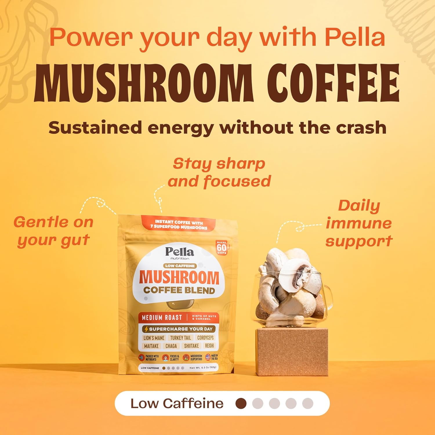 Pella Nutrition Mushroom Instant Coffee w/ Lion's Mane & More, Low Caffeine Blend, 6.3 oz (60 Cups)