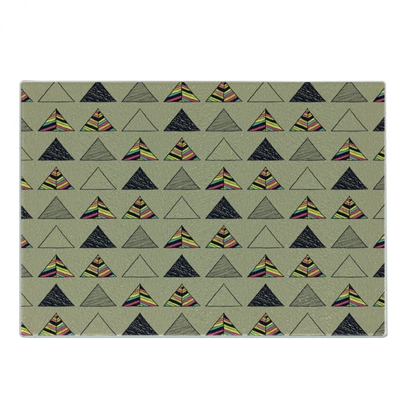 Grunge Cutting Board, Geometric Pattern with Triangles and Colorful Lines Horizontal Design Retro Motifs, Decorative Tempered Glass Cutting and Serving Board, Small Size, Multicolor, by Ambesonne