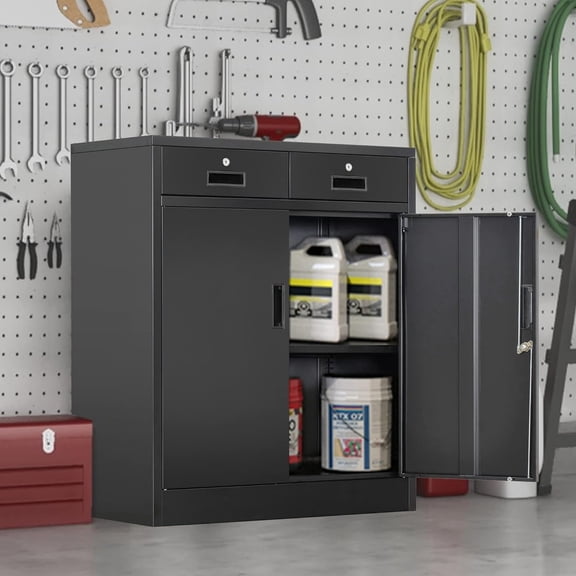 Metal Storage Cabinet, 36" H Locking Storage Cabinet with 2 Drawers and Adjustable Shelf, Metal Cabinets for Office, Garage, Home-Black