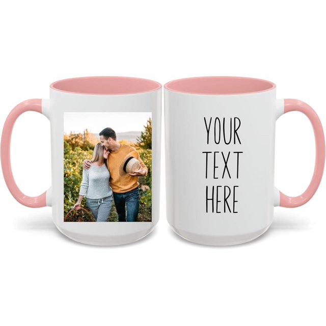 Custom Photo and Text Mug, Personalized Ceramic Coffee Mug with Pictures, Names, or Logo,Unique Gift for Men & Women, Tea Cup Set for Any Occasion (Pink, 15 Oz)