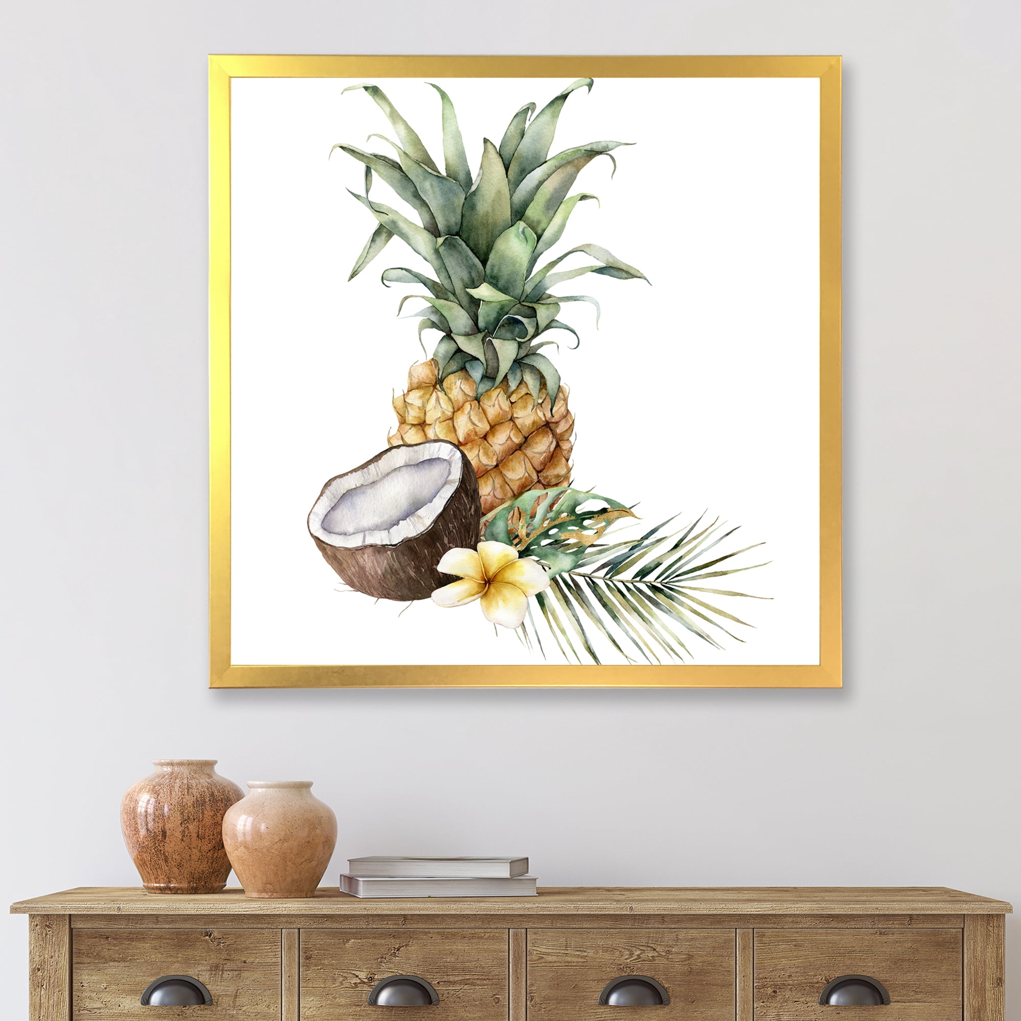 Designart 'Pineapple With Plumeria Coconut and Palm Leaves' Traditional Framed Art Print