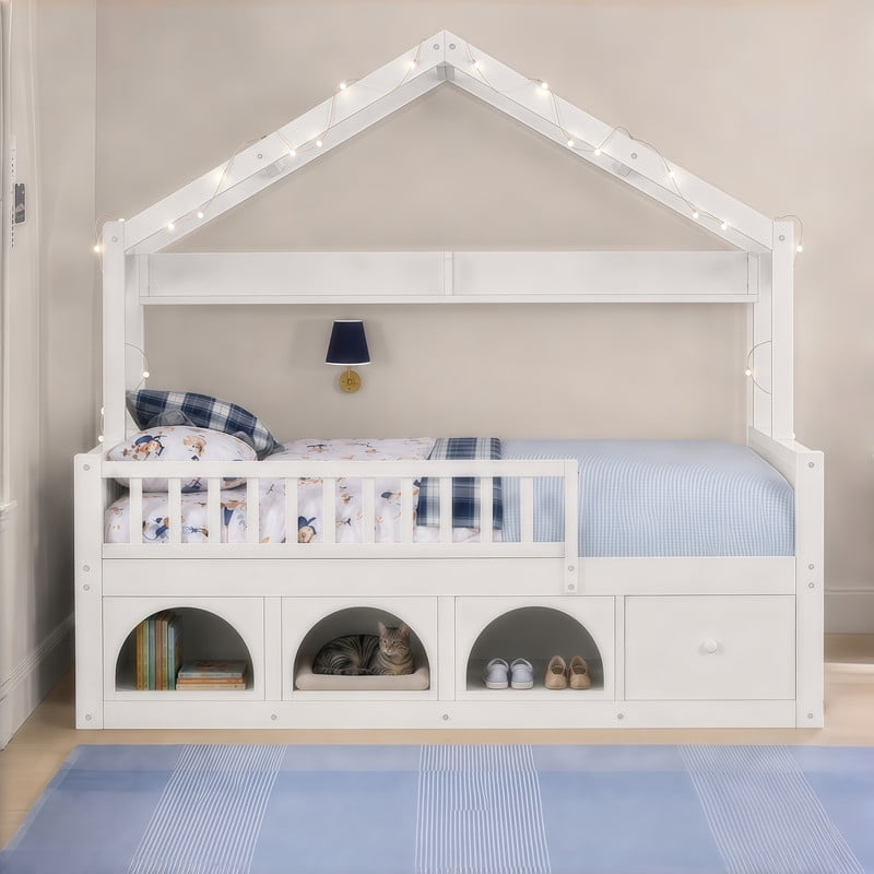 Full Size Kids Montessori Floor Bed Frame with Guardrail & Drawer, Children House Platform Bed with LED Light & Small Cat Bed
