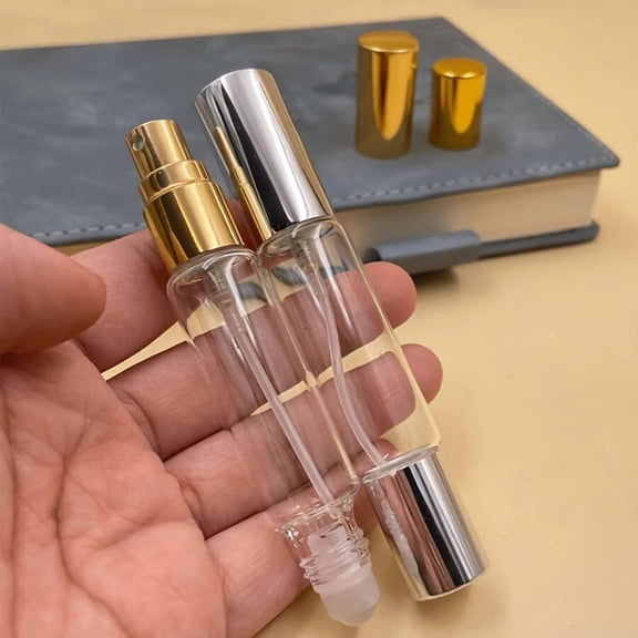 2-Pack Mini Refillable Glass Perfume Bottles – 0.34oz Travel Atomizers with Dual Spray & Rollerball, Leak-Proof Caps, TSA-Friendly for Fragrance, Oils & Skincare, Gold