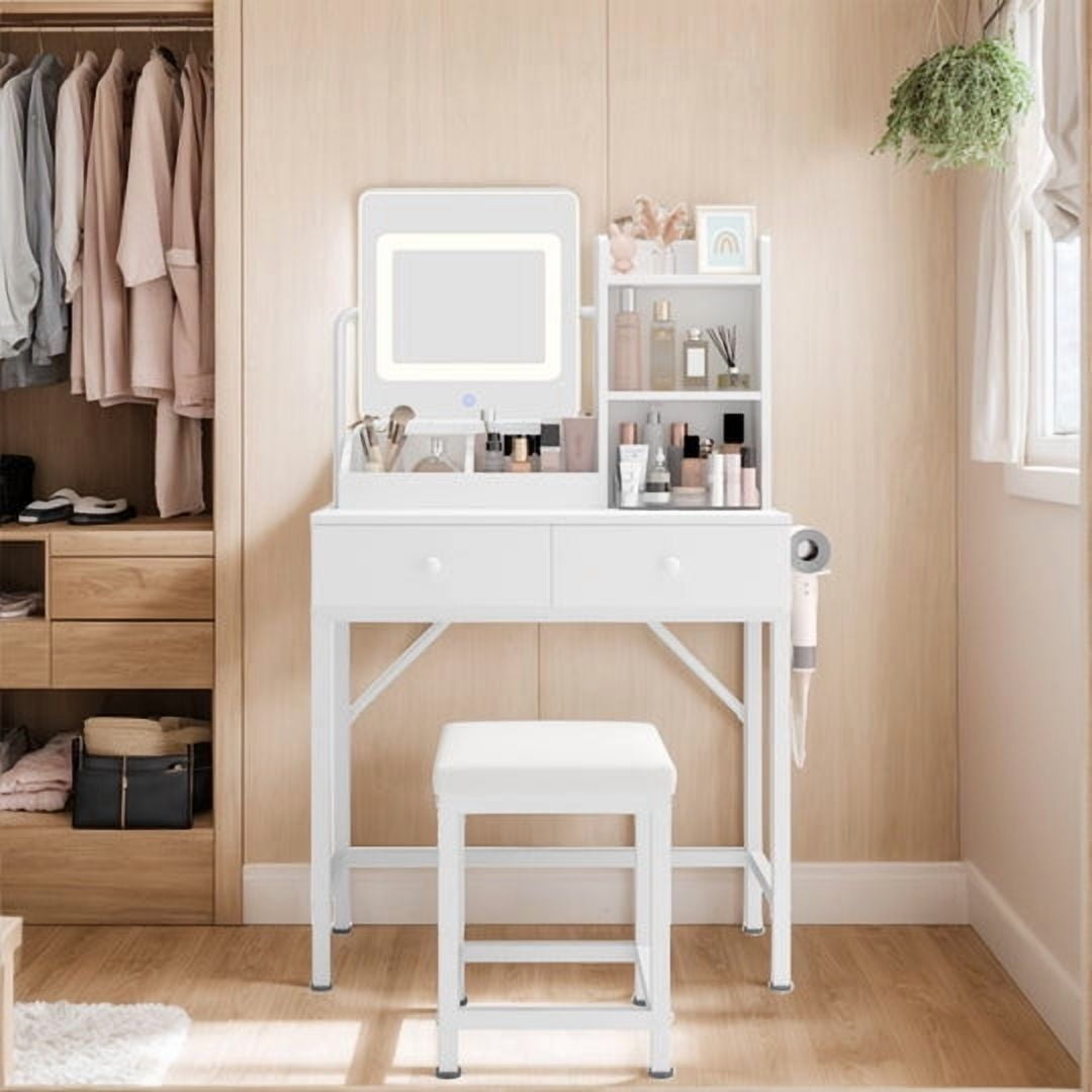 Aiho Dressing Table, Get Ready with Me GRWM 2-Piece Vanity and Stool with Lighted Mirror, 31.5" Makeup Vanity with 3 Color Lights - White