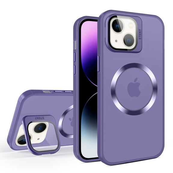 iPhone 13 Case with Kickstand, Camera Lens Protector Shockproof Bumper Matte Translucent Back Cover Case for Apple iPhone 13 - Purple