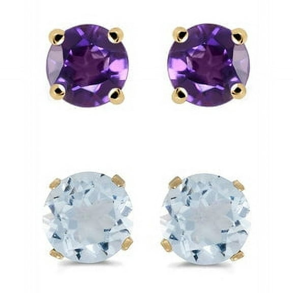 Bonjour Jewelers 24k Yellow Gold Plated 2Ct Created Amethyst And Aquamarine 2 Pair Round Stud Earrings
