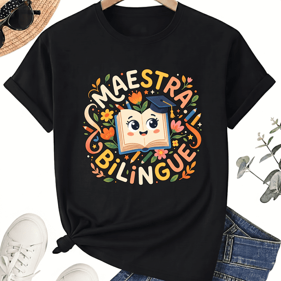Maestra Bilingue Teacher T-Shirt for Women, 100% Cotton Crew Neck Short Sleeve Shirt, Spanish Classroom Design
