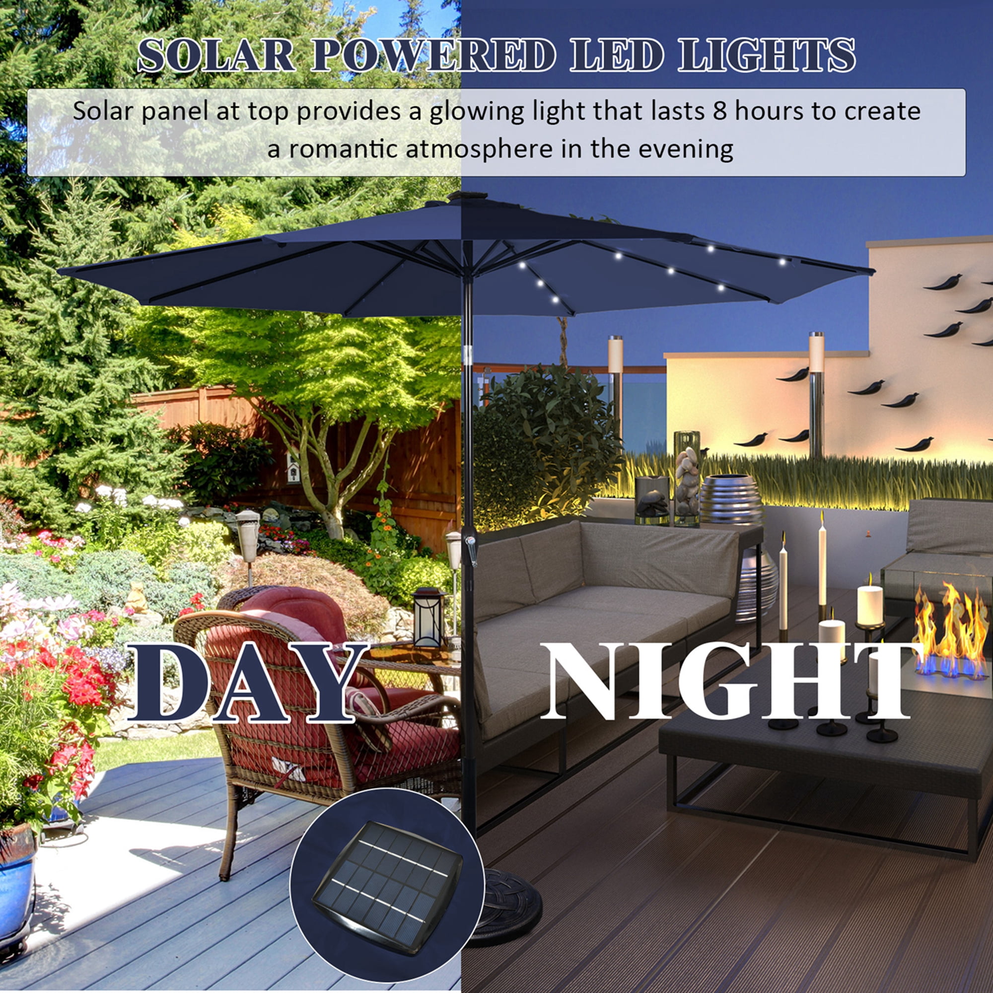 Costway 9 FT Patio Solar Umbrella LED Patio Market Steel Tilt with Crank Outdoor Navy