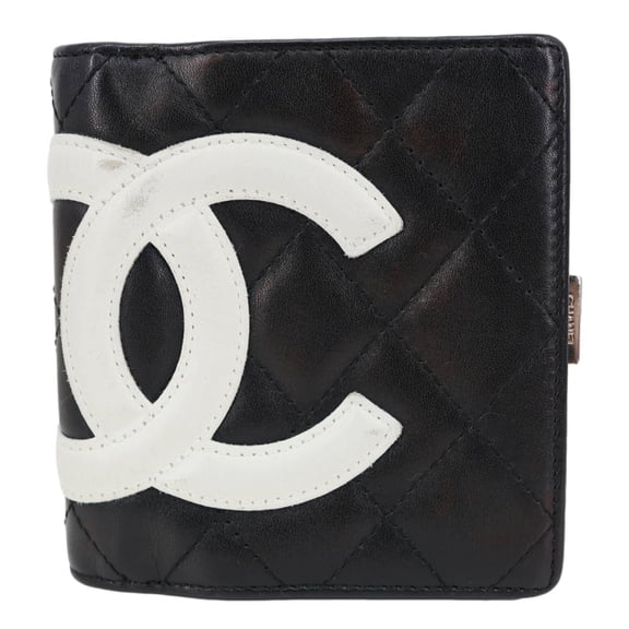 Pre-Owned CHANEL Cambon Ligne Quilted Calfskin Leather Compact Wallet Black
