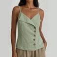 thumbnail image 5 of V-Neck Tank Tops Lace Linen Women's Sleeveless Cami Tops, V Neck Spaghetti Strap Camisole with Asymmetric Fold and Side Buttons Green L, 5 of 7