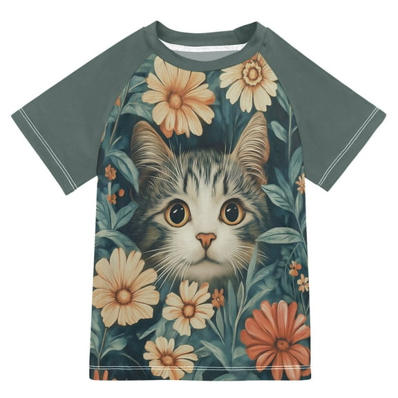 FORMRS Boys Rash Guard with Short Sleeves UPF 50  Swim Shirts Sizes 3-12T, Flowers Cat