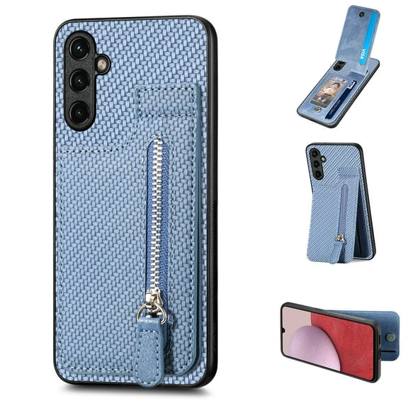 Feishell for Samsung Galaxy A25 5G Zipper Wallet Case [Carbon Fiber Pattern] [Built-in 2 Credit Card Slots, 1 Zipper Pocket] Premium PU Leather Back Magnetic Clasp Flip Kickstand Phone Case, Blue