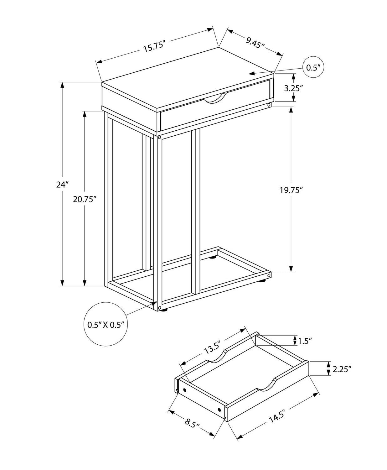 Monarch Specialties Table D'appoint, En Forme De C, Bout, Côté, Collation, Tiroir De Rangement, Salon, Chambre À Coucher, Métal, Stratifié, Blanc, Gris, Contemporain, Moderne