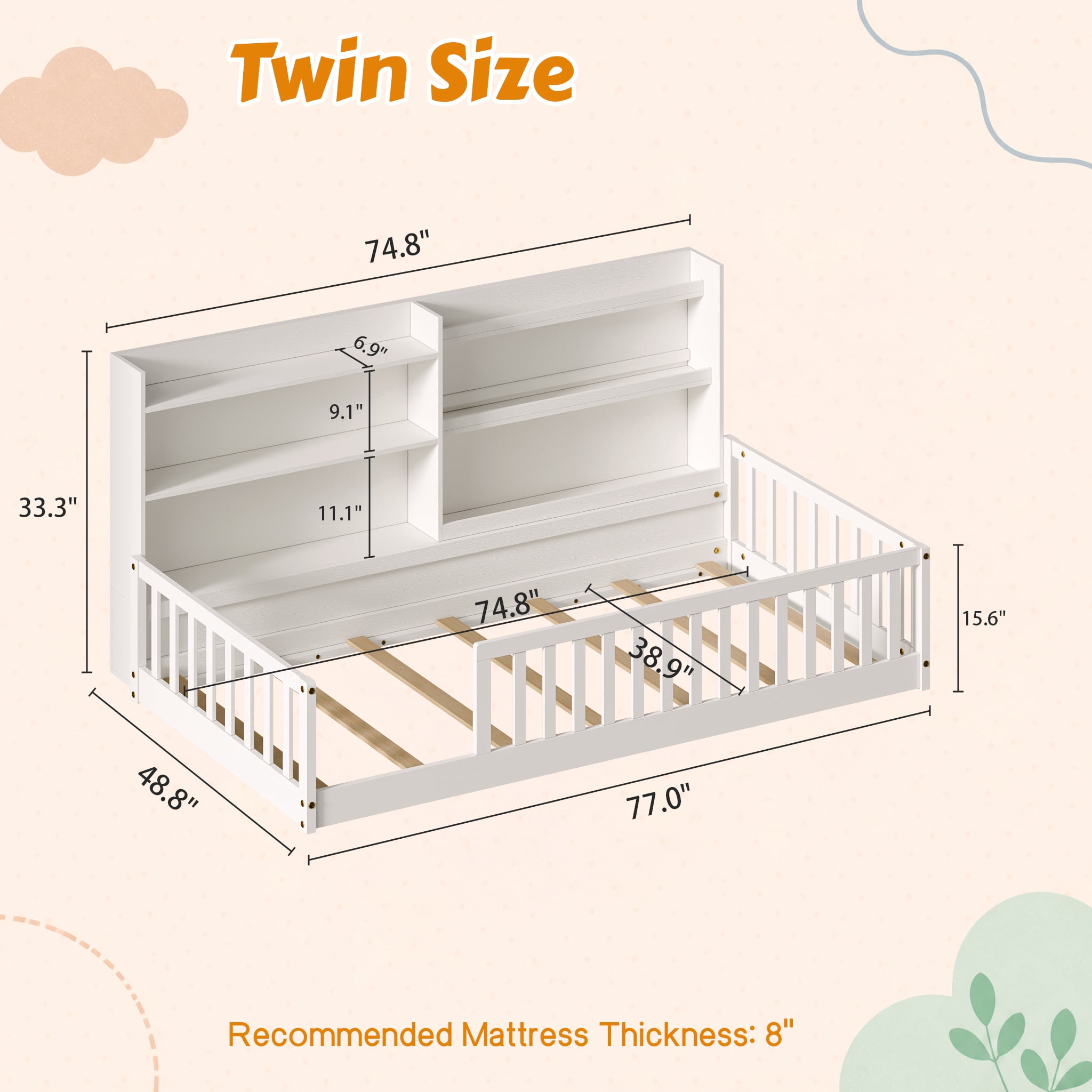 Garitin Twin Floor Bed and Montessori Kids Bed 77.2 Inch, Solid Pine Wood Frame with Bookshelf and Safety Rails for Children Bedroom, White