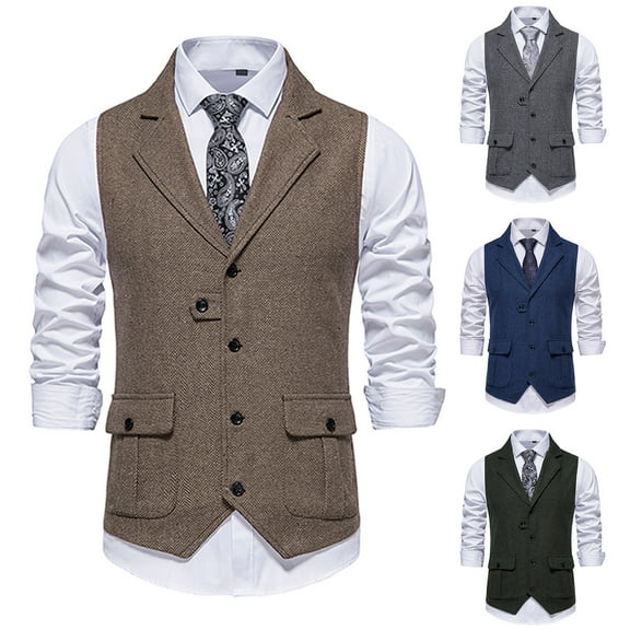 Miluxas Mens Western Herringbone Suit Vest Tweed Wool Blend Slim Fit Waistcoat Gray