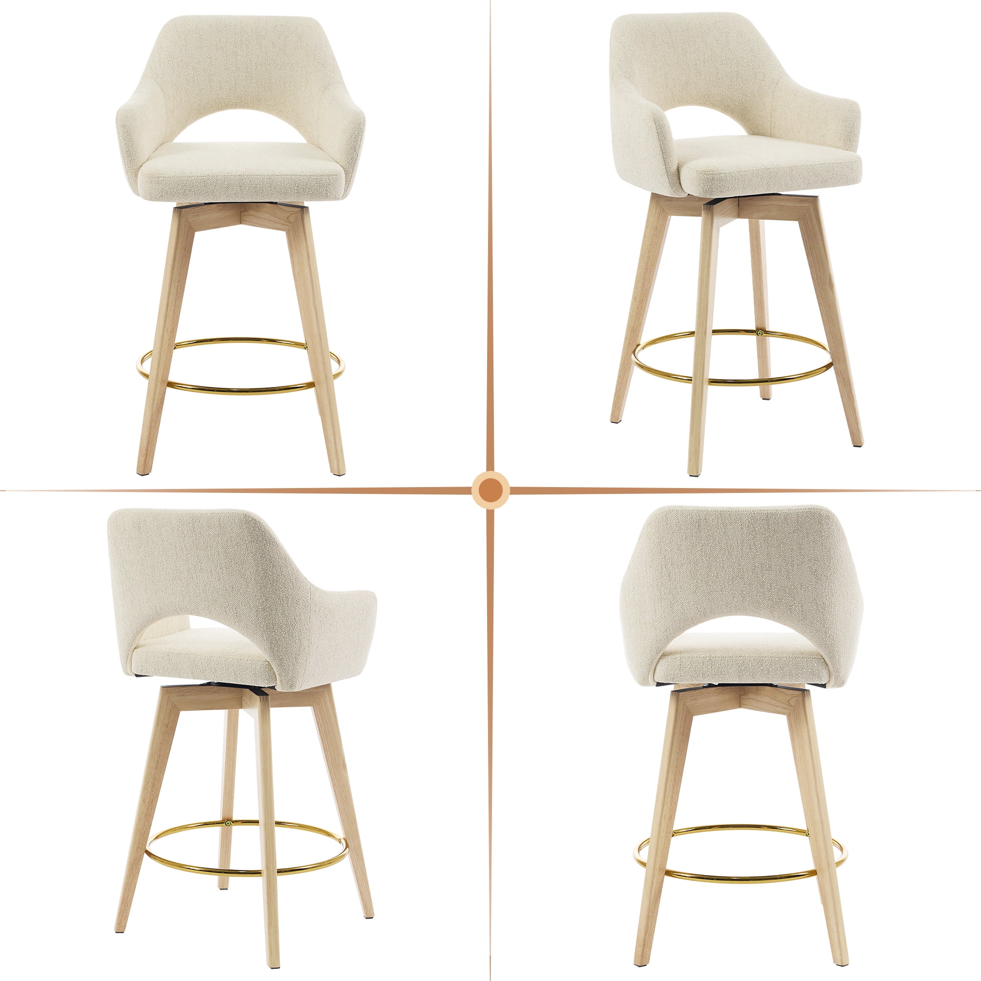 Zesthouse 26.8″ Swivel Counter Height Bar Stools Set of 2, Upholstered Linen Bar Stools with Back and Wood Legs, Mid Century Modern Barstool Island Chairs for Kitchen Counter, Beige