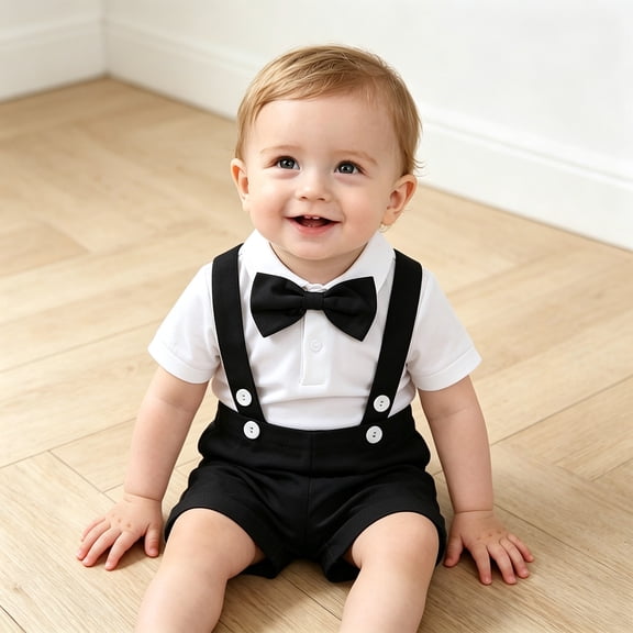 Baby Boys Formal Suit Set Short Sleeve Romper Suspenders Shorts Pants Bowtie Wedding Tuxedo Outfits Clothes, 6-12 Months, Black
