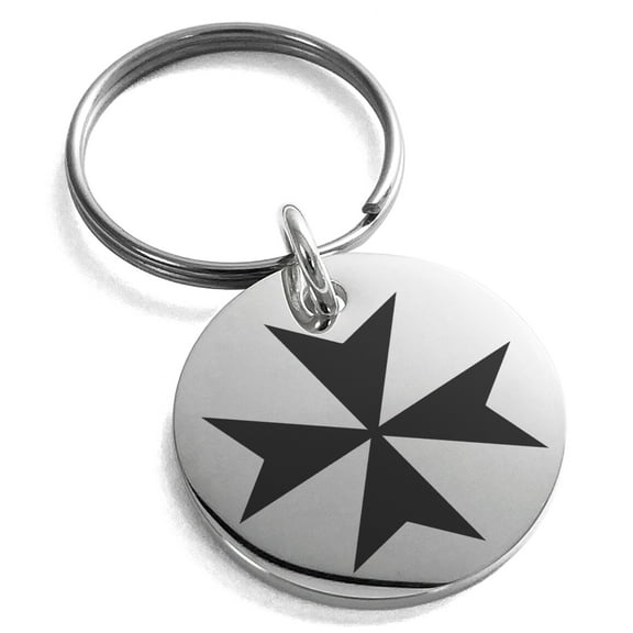 Stainless Steel Maltese Cross Engraved Small Medallion Circle Charm Keychain Keyring