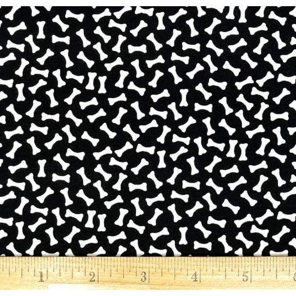 1 Fat Quarter - Mini White Bones Halloween on Black Cotton Fabric - 21" X 18"