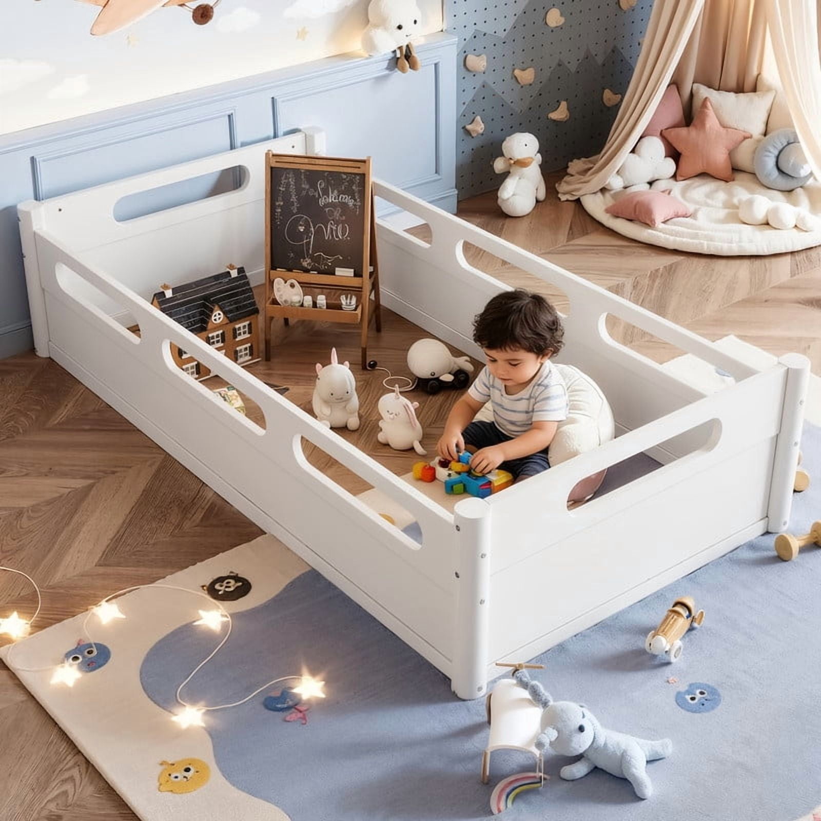 URTR Twin Size Floor Bed with High-Quality Safety Full-length Guardrails, Low Profile Wooden Montessori Platform Bed Frame, Heavy Duty Safety Bed, No Box Spring Needed, White