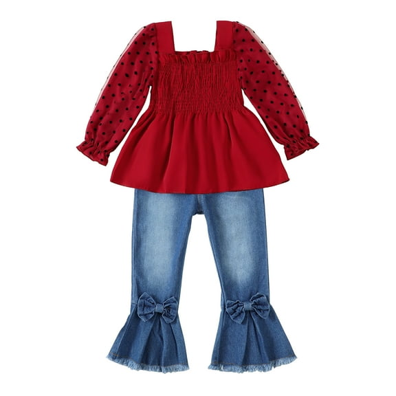 4T Baby Girls Clothes 5T Girls Denim Pant Set Toddler Girls Long Sleeve Solid Color Top Jeans Pants 2PCS Set Red