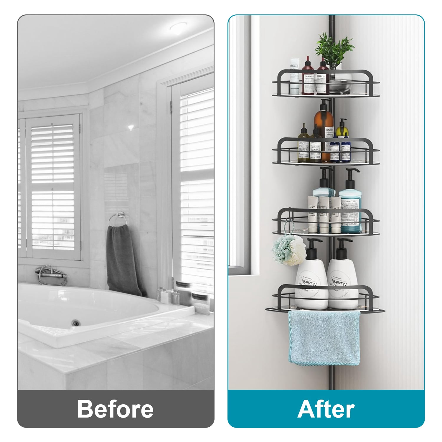 Corner Shower Caddy Tension Pole, Rust-Free Bathroom Shower Organizer Corner for Bathtub Shampoo Storage, 4-Tier Adjustable Shelf, Drill Free, Quick Setup, Black