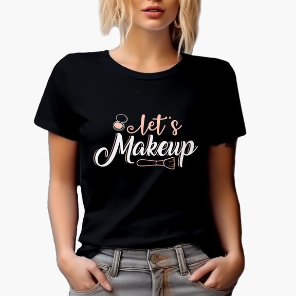 Stylish Let's Makeup with Compact & Brush, Beauty Themed Merch Gift for Makeup Artist or Lovers, Cosmetologists & Beauticians, Black T-Shirt, Small