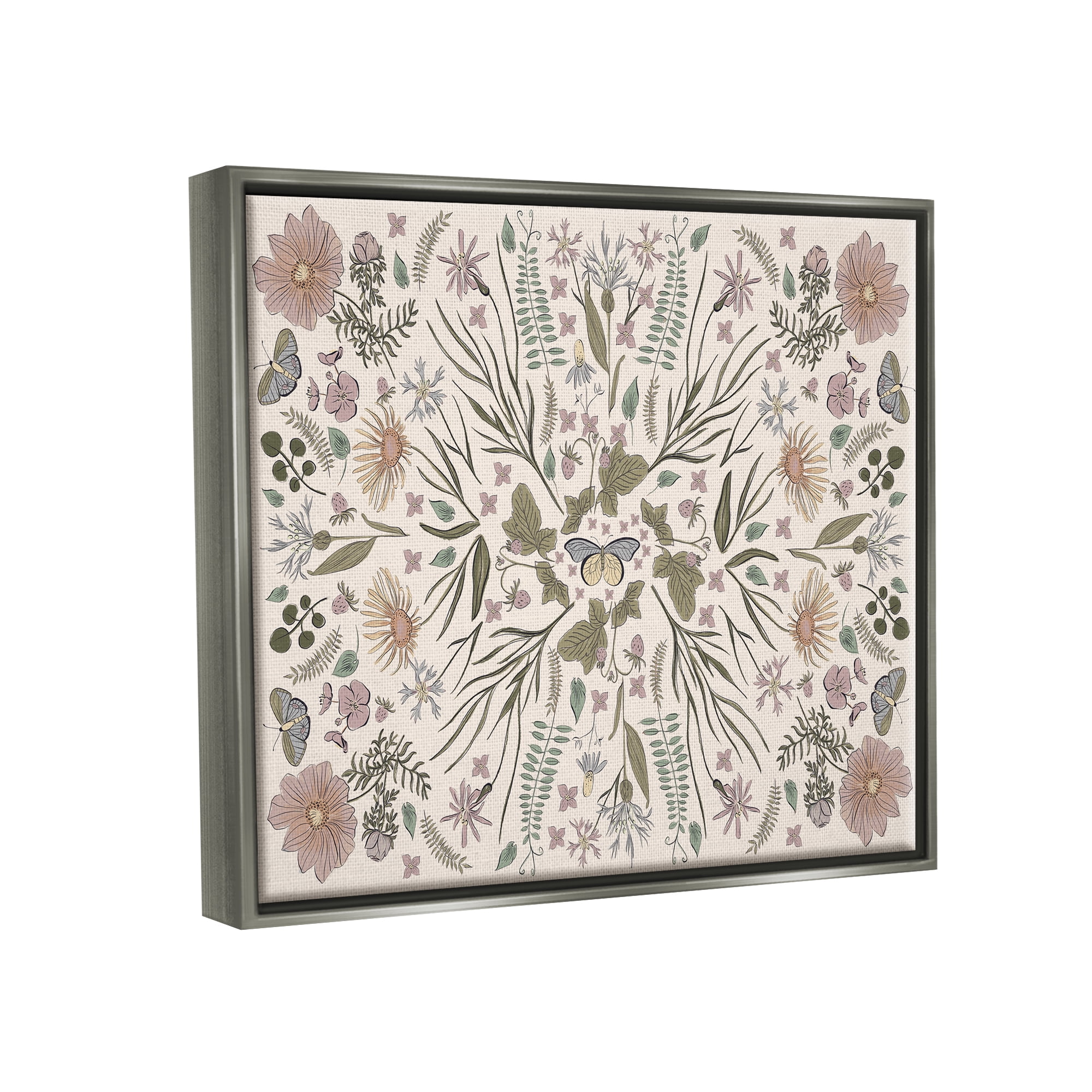 Stupell Industries Delicate Botanical Pattern Intricate Butterfly Insects Motif Graphic Art Luster Gray Floating Framed Canvas Print Wall Art, Design by Birgit Maria Kiennast