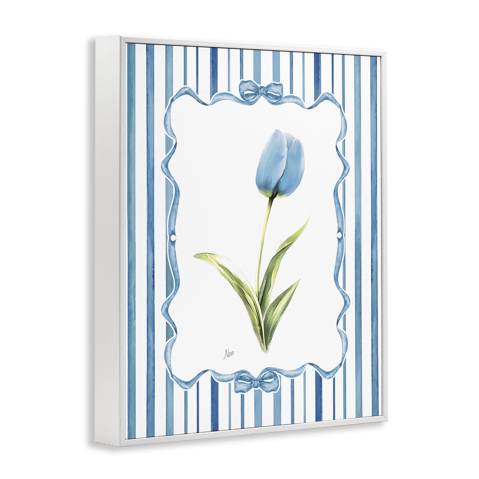Stupell Industries Blue Tulip & Ribbon Border White Framed Giclee Art, design by Nan