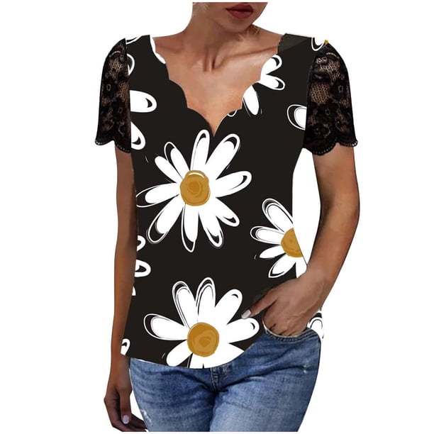 Camisa de manga corta con cuello en V estampada a la moda informal para mujer Fridja ghk4166