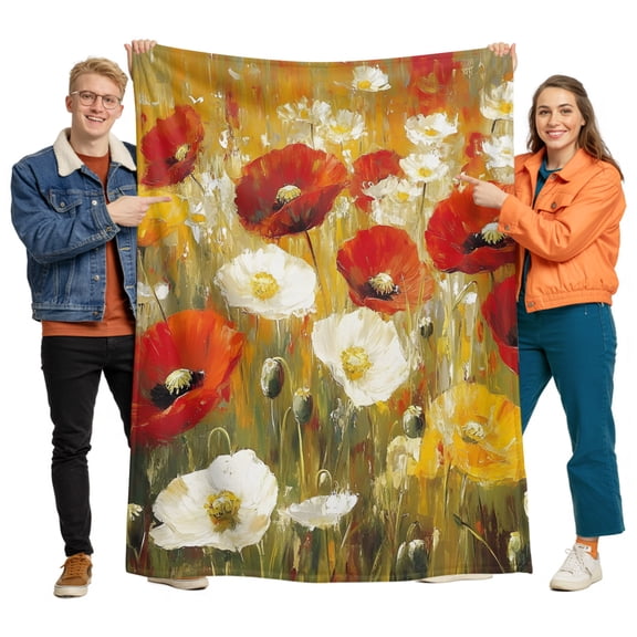 Flannel Throw Blanket for Couch Sofa Bed, Pastoral Watercolor Blossom Poppy Soft Cozy Warm Fuzzy Blanket 40x50in
