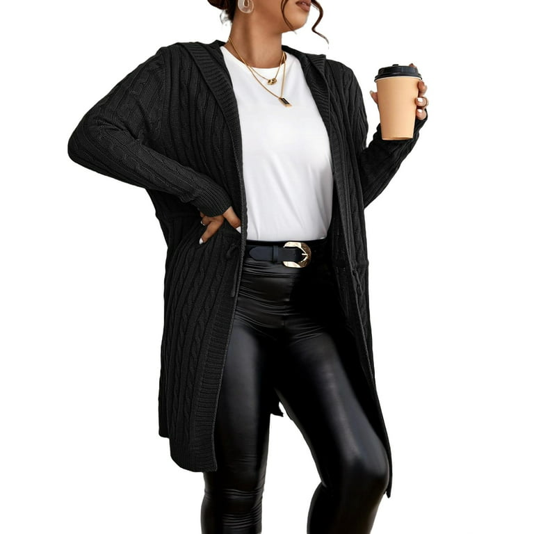 Casual Plain Hooded Cardigan Long Black Plus Size Cardigans (Women's Plus) - Walmart.com