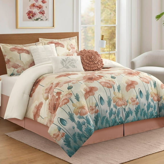 Lanco 7 Piece Floral Comforter Set, King Size Microfiber Print Bedding Set, Blush All Season Bedding, Matching Pillows, Shams, Bed Skirt