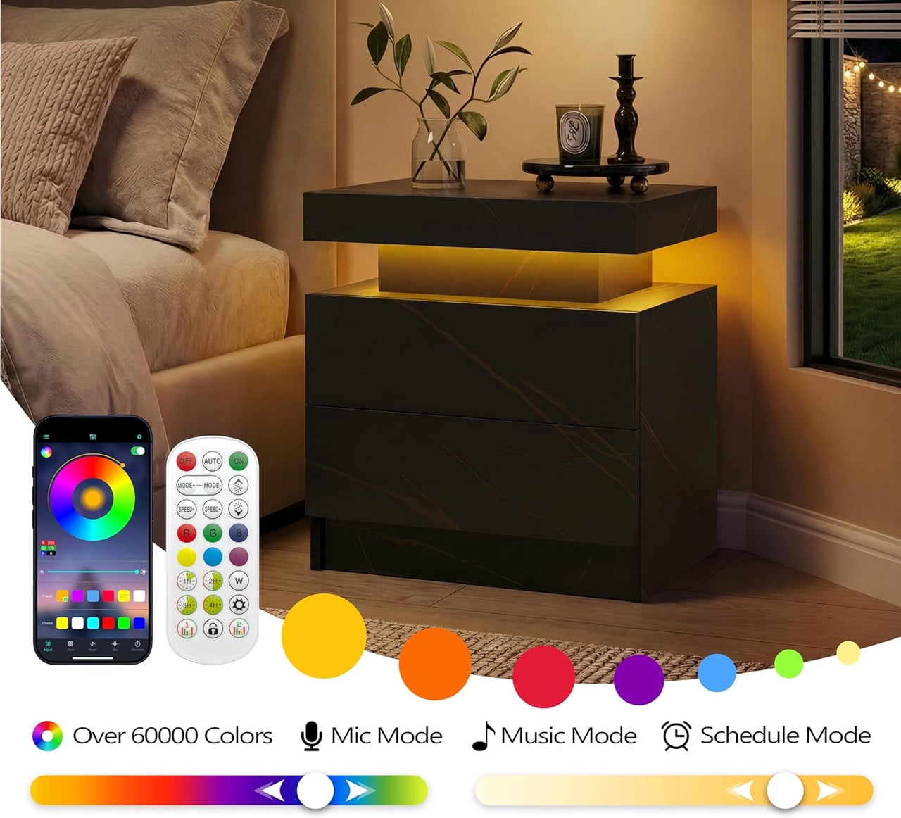 Howcool LED Nightstand, 2 Drawer Bedside Side Table with LED Lights for Bedroom Living Room