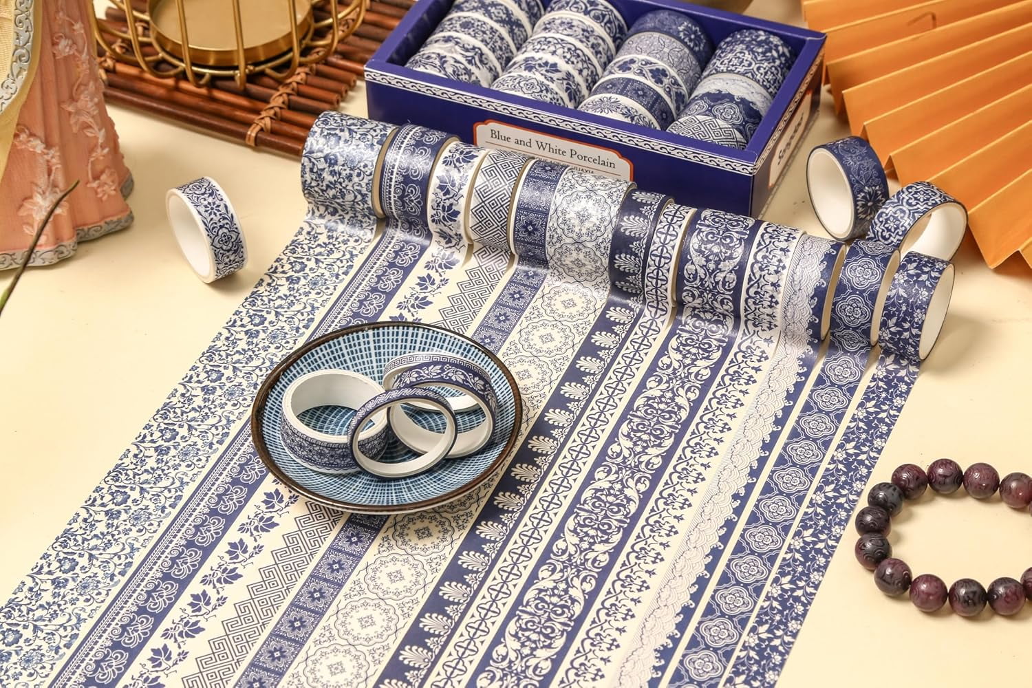 Blue & White Porcelain Washi Tape Set, Traditional Chinese Ceramic Pattern Decorative Masking Tapes for Craft, Scrapbook, DIY, Gift Wrapping