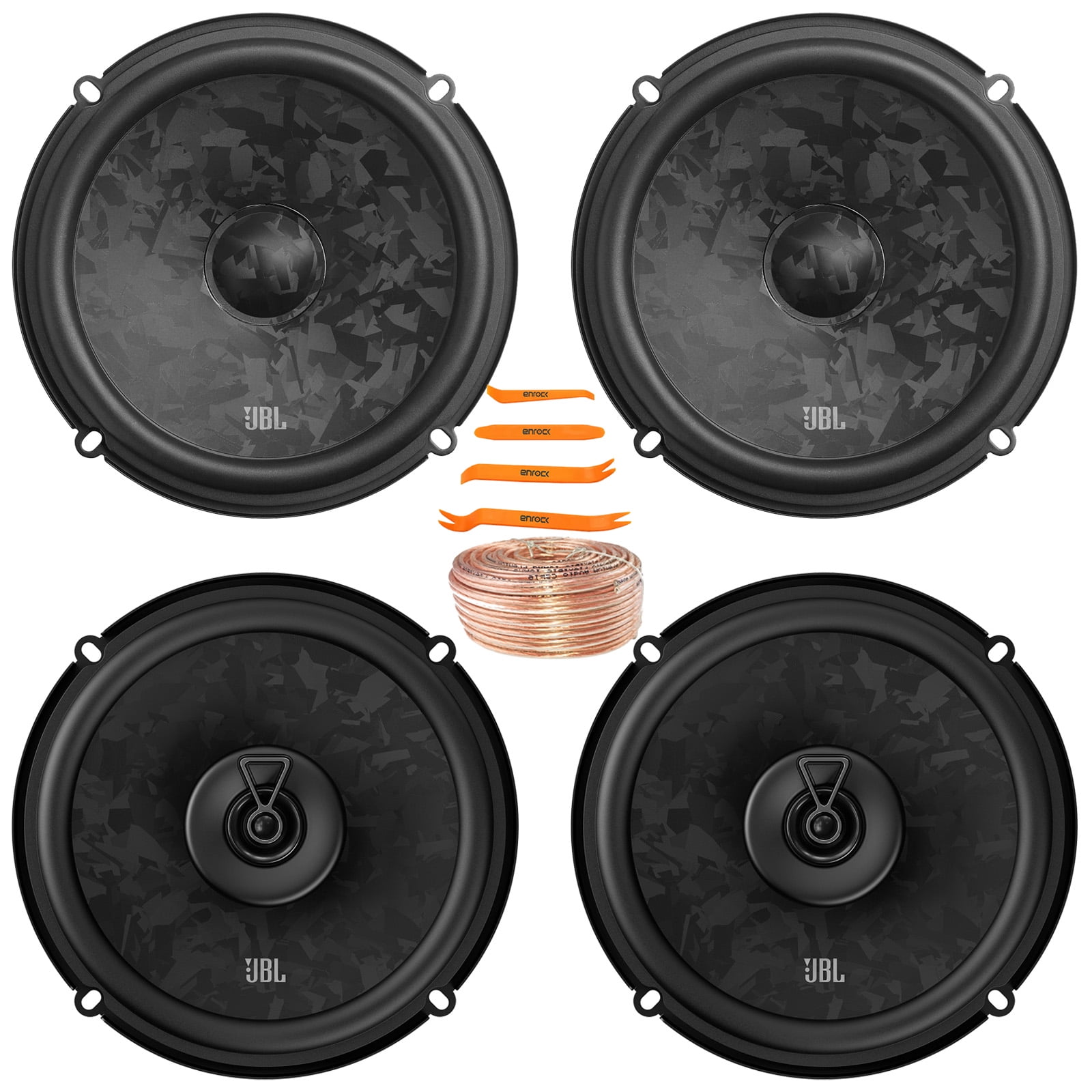 2x JBL Stage3 68CF 6.5" 760 Watt Max Power 2-Way Component Car Audio Speakers, 2x JBL Stage3 68F 6.5" 560 Watt Max Power 2-Way Coaxial Automotive Speakers, 50 Feet 18 Gauge Speaker Wire, Pry Tool Set
