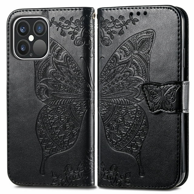 Étui Portefeuille pour iPhone X/TP, Étui de Protection en Cuir PU à Rabat avec Sangle de Poignet et Fentes pour Cartes Support de Poche Embossé Papillon Fleur pour iPhone Noir