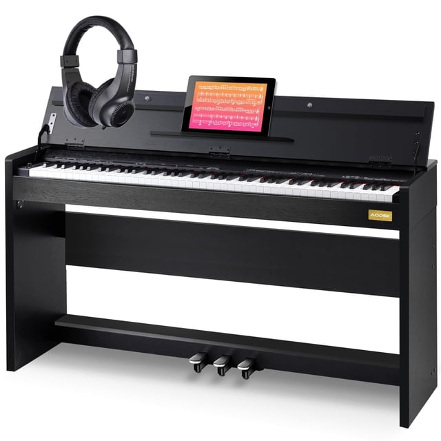 AODSK Piano digital de acción ponderada de 88 teclas, teclado de acción de martillo de grado con soporte para muebles y pedales triples para niños/adultos principiantes, hogar clásico, lecciones de pi