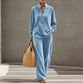 thumbnail image 2 of Szluipve Women Velvet 2 Piece Outfits Stand Collar Henley Button Long Sleeve Top & Elastic Waist Wide Leg Pants Casual Loungewear Matching Set Light Blue L, 2 of 6