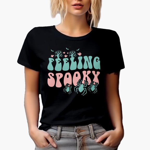 Feeling Spooky with Dead Trees & Spiders, Groovy Retro Wavy Text Merch Gift, Black T-Shirt, Small