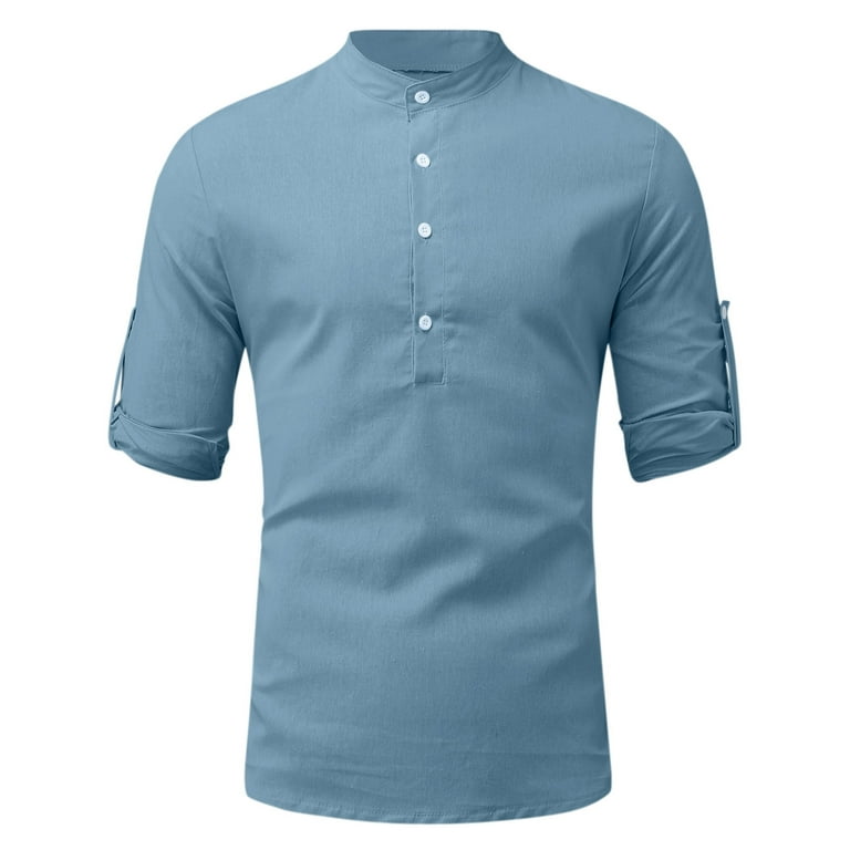 jsaierl Mens Casual Linen Henley Shirts Mandarin Collar Shirt Long