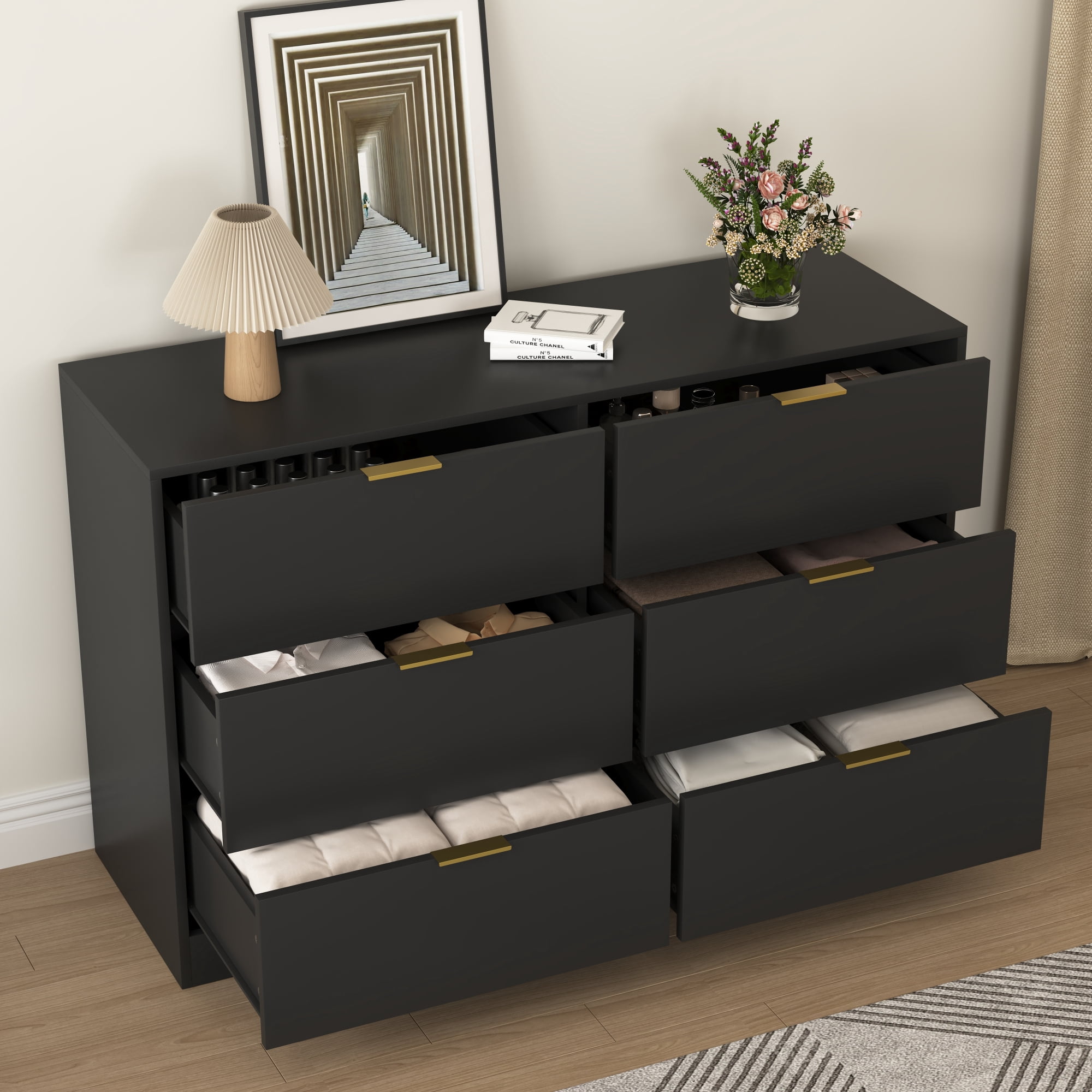 Modern 6 Drawer Dresser,Wood Chest of Drawers,Wide Storage Cabinet for Bedroom,Living Room,Hallway,Black