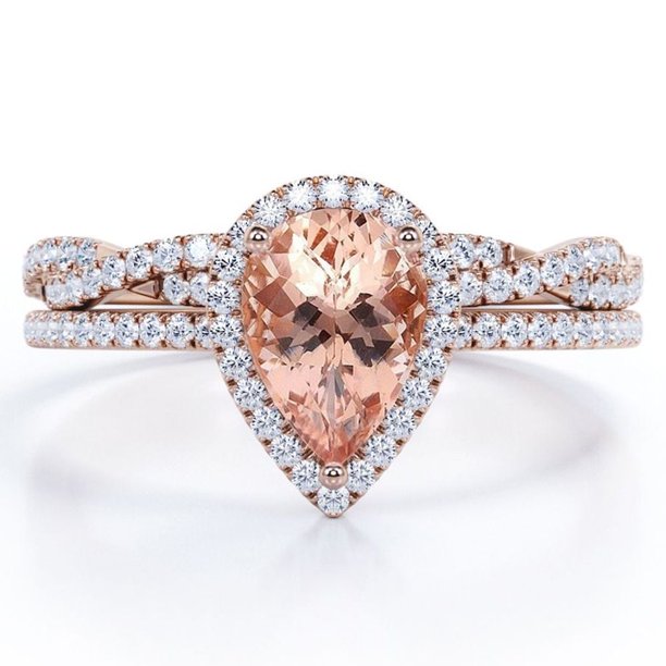 JeenMata Anillo de Bodas con Halo Pavé Morganita y Moissanita en Forma de Lágrima de 1,5 ct Melocotón: Conjunto de Anillo de Bodas con Cuerpo Retorcido Infinito: Baño de Oro Rosa de 18 K sobre Plata